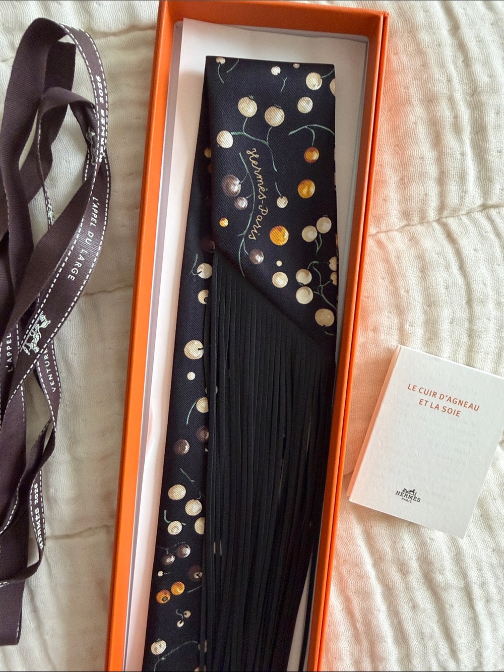 BNIB Hermes Black Silk Leather Fringe Twilly Black  SOLDOUT